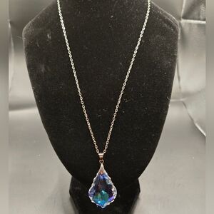 Vintage Blue Aurora Crystal Teardrop Pendant Necklace | Silver Tone